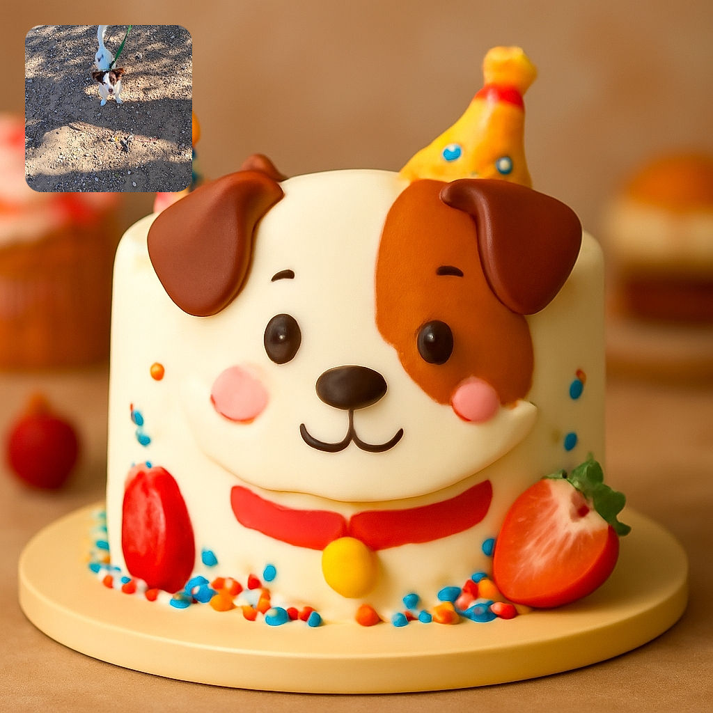 A small dog with white and brown fur looks up with a curious expression, standing on a rocky dirt ground with shadows cast around. The green leash adds a pop of color and hints at an outdoor walk adventure.
