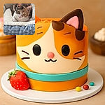 A fluffy calico kitten with big, curious eyes lounges comfortably in a cozy, soft pet bed with a blue patterned blanket in the foreground. The lighting highlights the kitten's delicate fur and pink nose, creating an adorable and heartwarming scene.