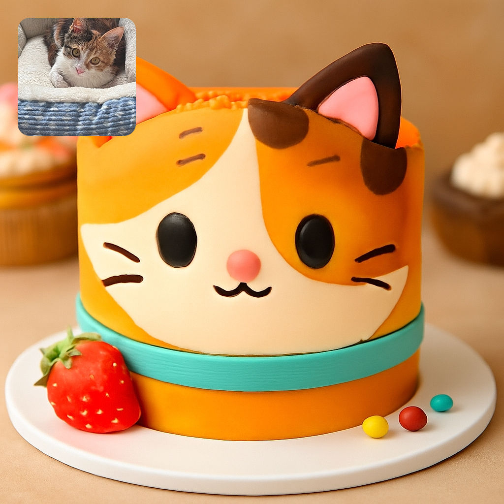 A fluffy calico kitten with big, curious eyes lounges comfortably in a cozy, soft pet bed with a blue patterned blanket in the foreground. The lighting highlights the kitten's delicate fur and pink nose, creating an adorable and heartwarming scene.