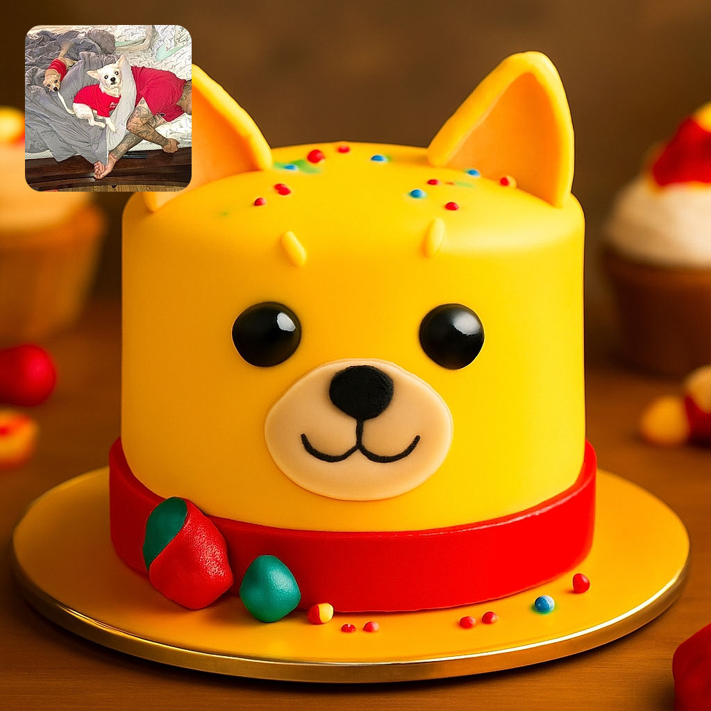 Two adorable dogs in matching red shirts lounge comfortably on a bed next to a tattooed man who is peacefully napping. The cozy scene is filled with warmth, soft bedding, and a playful tail wagging in excitement.