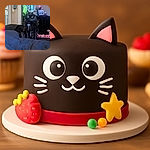 A fluffy black cat with a white patch on its chest sits attentively on a dark bedspread, staring straight at the camera. Behind it, a brightly lit fish tank and various home decorations add cozy charm to the living room setting.