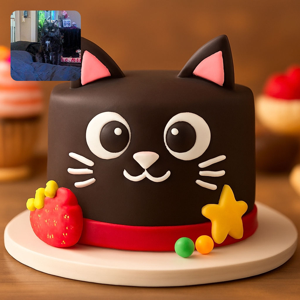 A fluffy black cat with a white patch on its chest sits attentively on a dark bedspread, staring straight at the camera. Behind it, a brightly lit fish tank and various home decorations add cozy charm to the living room setting.