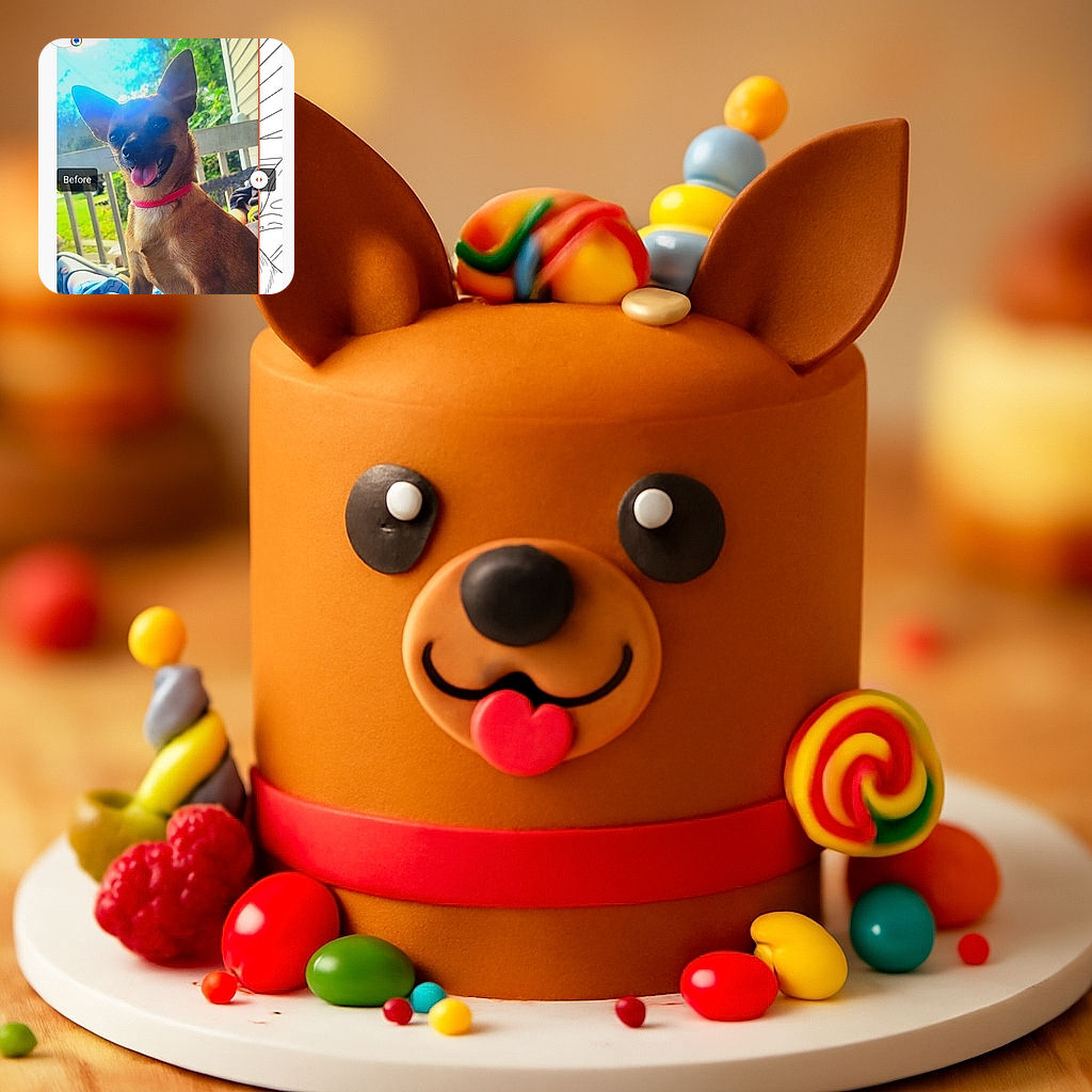 A cheerful brown dog with a red collar sits on a blue blanket, tongue out, basking in bright daylight on a porch with greenery in the background. The photo is part of a webpage with text and overlays, including a 'Before' label on the left side.