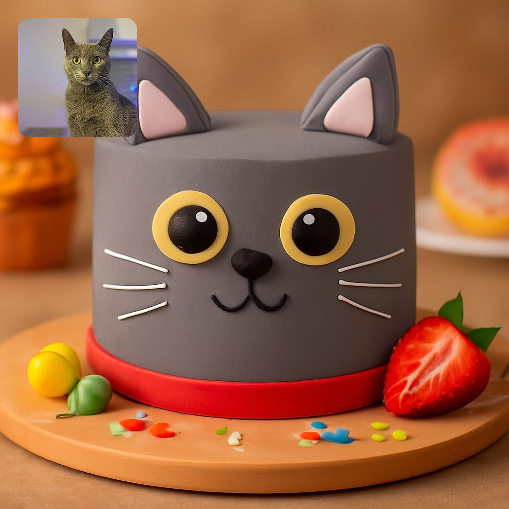 A curious gray cat with striking yellow eyes stares directly at the camera, its fur softly lit against a blurred indoor background with hints of blue and purple lighting.