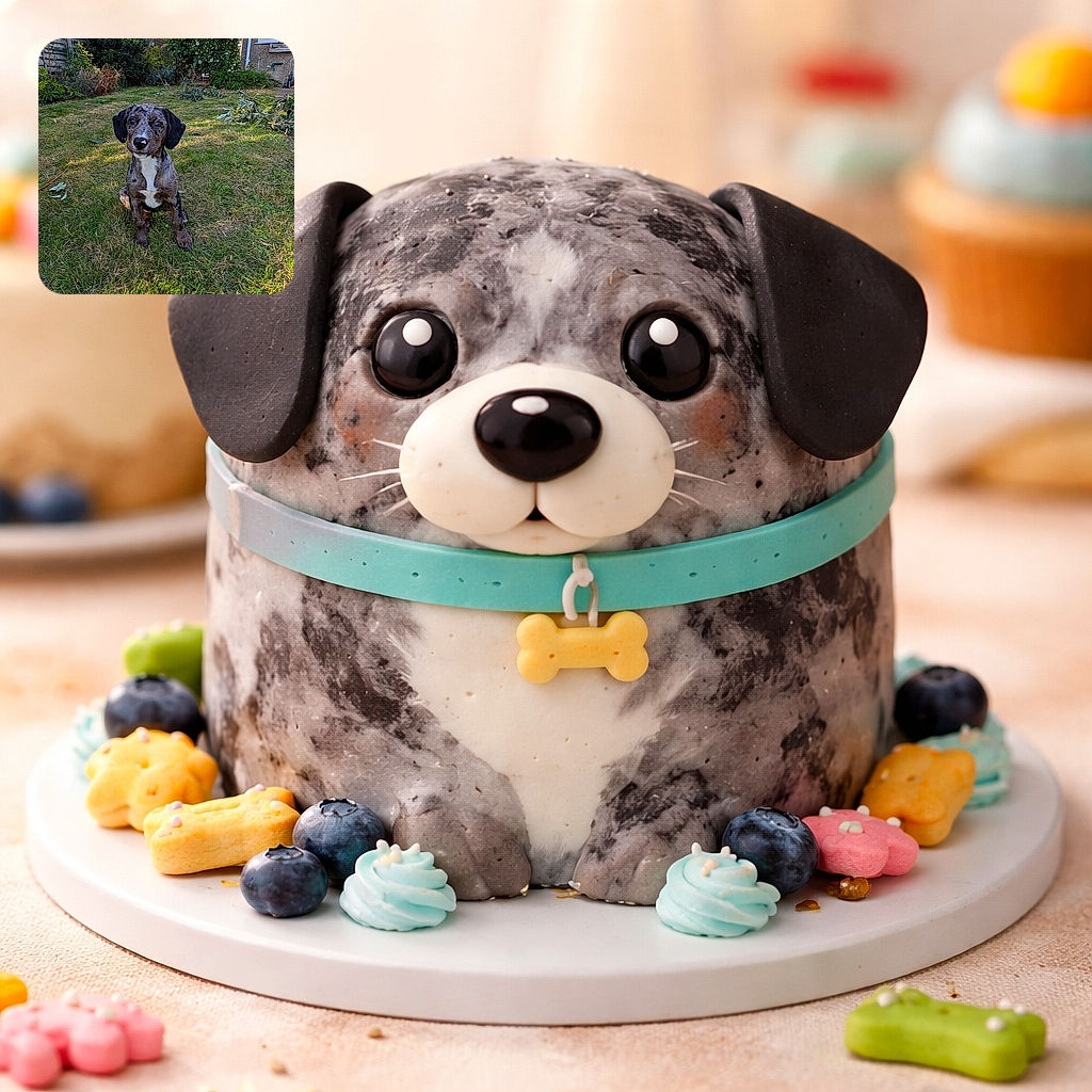 A charming young dog with a unique speckled coat sits attentively on a grassy backyard, surrounded by scattered leaves and garden plants, soaking in the warm sunlight.