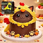 A bewildered black cat modeling a fluffy yellow chicken costume, complete with orange beak and tiny red tail, sitting on shiny hardwood floors like it has fully accepted its fate. The background shows home furniture and a rug; the cat's wide eyes and barely-tolerant expression sell the whole comedic look.