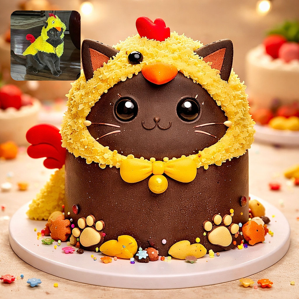 A bewildered black cat modeling a fluffy yellow chicken costume, complete with orange beak and tiny red tail, sitting on shiny hardwood floors like it has fully accepted its fate. The background shows home furniture and a rug; the cat's wide eyes and barely-tolerant expression sell the whole comedic look.