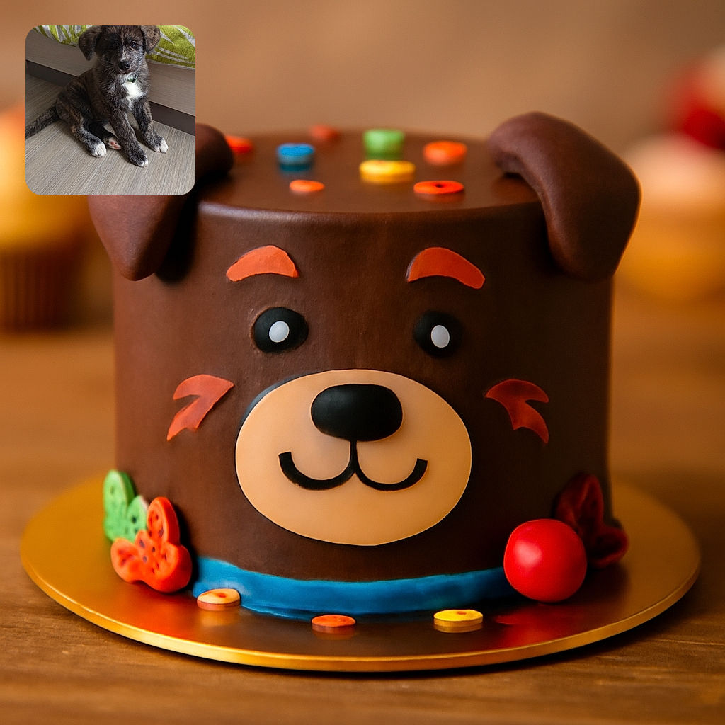 A fluffy brindle puppy with white paws and a green collar sits adorably on a wooden floor next to a bed with a green and white patterned blanket, looking curiously at the camera with a calm expression.