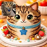 A close-up photo of a tabby cat with striking green eyes, sitting on a bed with a blue collar and a blue star-shaped tag. The background shows a slightly cluttered room with snacks and other household items, giving a cozy and casual vibe.