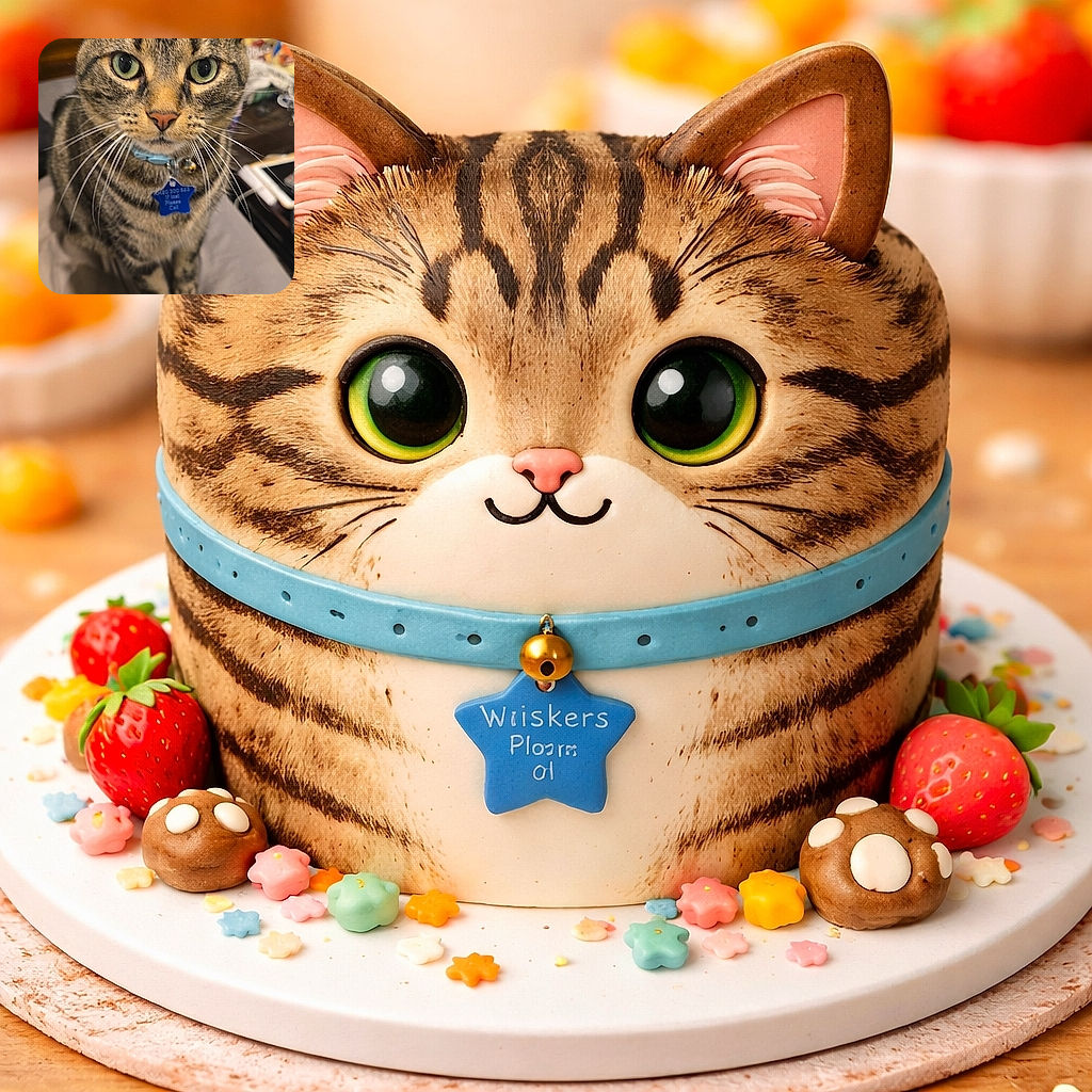 A close-up photo of a tabby cat with striking green eyes, sitting on a bed with a blue collar and a blue star-shaped tag. The background shows a slightly cluttered room with snacks and other household items, giving a cozy and casual vibe.