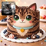 A fluffy tabby cat with striking green eyes lounges on a dark surface, looking directly at the camera with a calm, slightly serious expression. The background is softly blurred, featuring a cozy indoor setting with a shiny decorative object to the right and soft light filtering through windows behind.