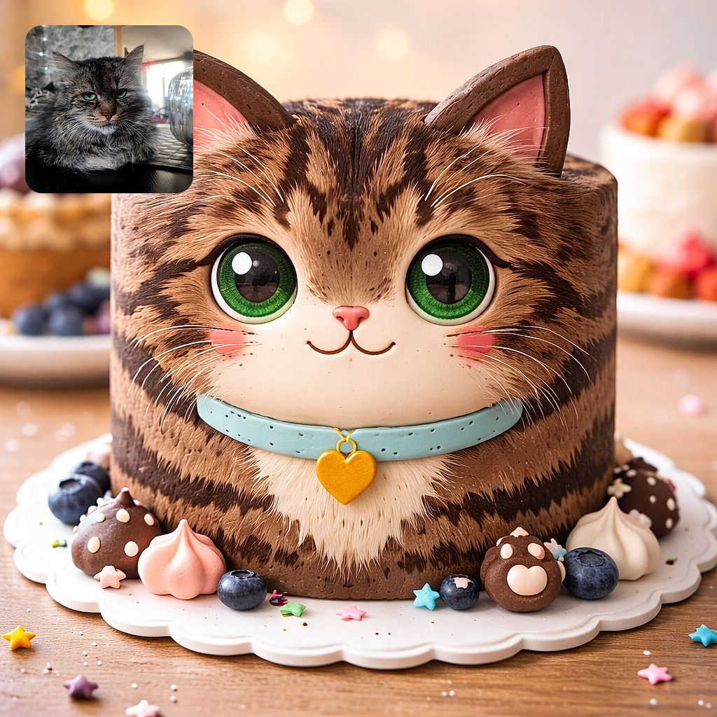 A fluffy tabby cat with striking green eyes lounges on a dark surface, looking directly at the camera with a calm, slightly serious expression. The background is softly blurred, featuring a cozy indoor setting with a shiny decorative object to the right and soft light filtering through windows behind.