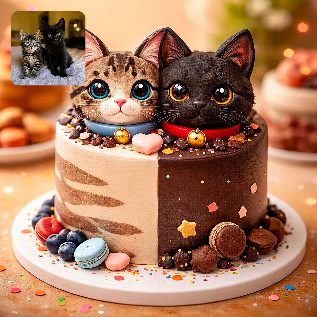 Two adorable kittens, one tabby with striking blue eyes and one sleek black with golden eyes, sitting side by side on a textured white blanket, posing like tiny furry royalty with a softly blurred cozy background.