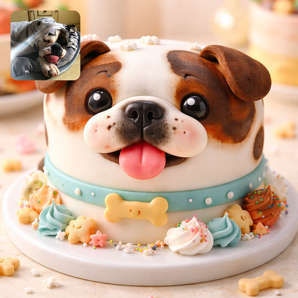 A squishy bulldog snoozes with its tongue flopped out, wrapped in a shark-shaped towel while a soft rainbow lens flare streaks across the frame — maximum cuddle and minimal dignity.