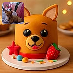 A small brown dog sits comfortably on a lavender blanket draped over a person's legs, licking its nose with a playful expression. The cozy red couch and scattered blankets in the background add to the warm, relaxed vibe of the scene.