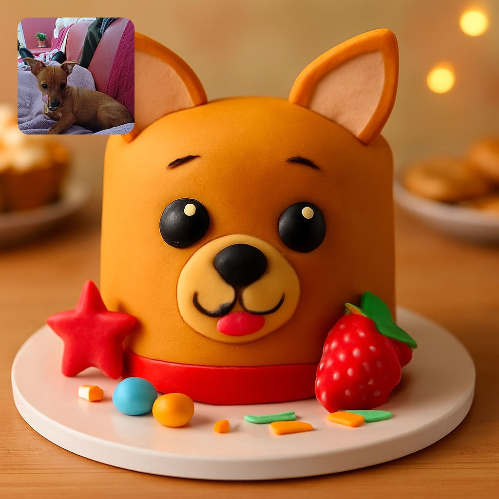 A small brown dog sits comfortably on a lavender blanket draped over a person's legs, licking its nose with a playful expression. The cozy red couch and scattered blankets in the background add to the warm, relaxed vibe of the scene.