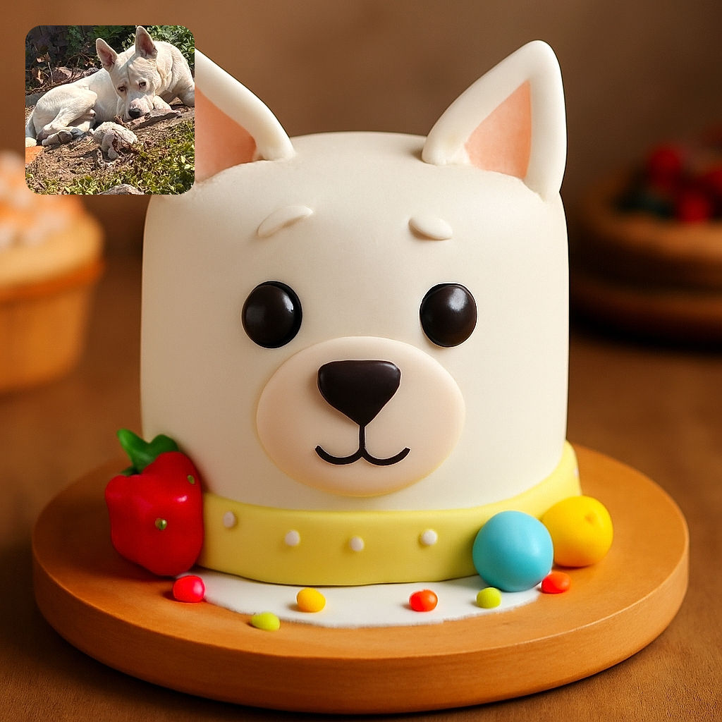 A white dog is lounging on the ground outdoors, looking contemplative with its head resting on a piece of wood amid some greenery and dry leaves.