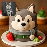 A fluffy husky wearing a cozy scarf sits on a stone-paved street at night, looking curiously at the camera with soft lighting and a slightly blurry focus.