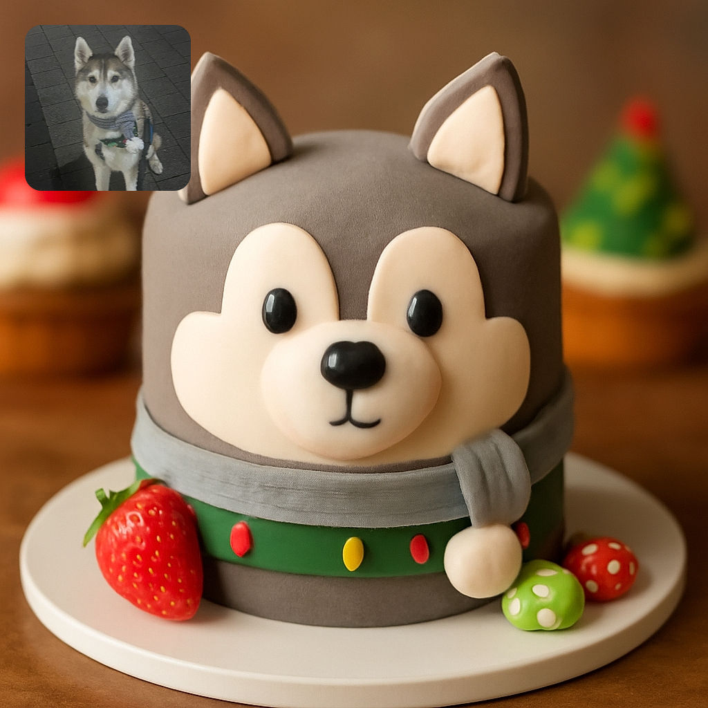 A fluffy husky wearing a cozy scarf sits on a stone-paved street at night, looking curiously at the camera with soft lighting and a slightly blurry focus.