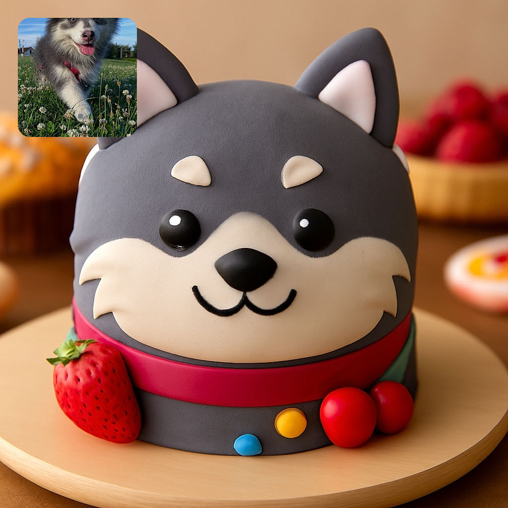 A fluffy, happy puppy with a red harness is joyfully trotting through a clover-filled field under a clear blue sky, tongue out and ears perked up, looking like the happiest explorer in the meadow.