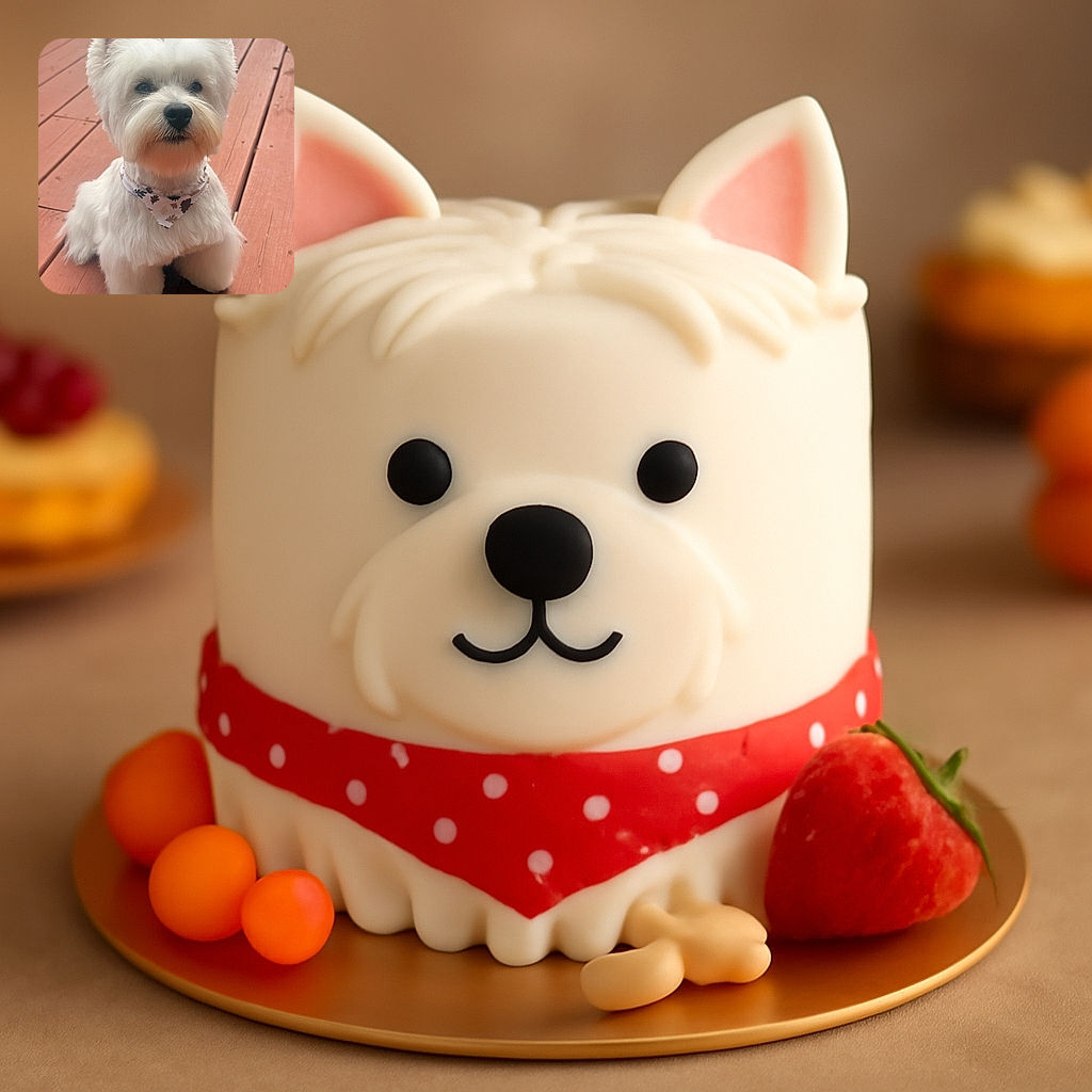 A fluffy white dog wearing a leafy patterned bandana sits obediently on a wooden deck, looking up with a calm and curious expression, as if ready for a treat or a walk.