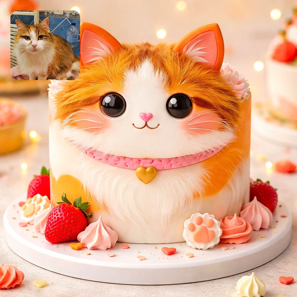 A fluffy calico cat sits regally on a soft pink blanket in a cozy bathroom setting, staring directly at the camera with curious eyes, surrounded by blue tiled walls and a water bottle in the background.