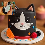 A cozy black and white kitten is snugly curled up in a person's arms, looking slightly sleepy and content, with a casual indoor background filled with everyday items.