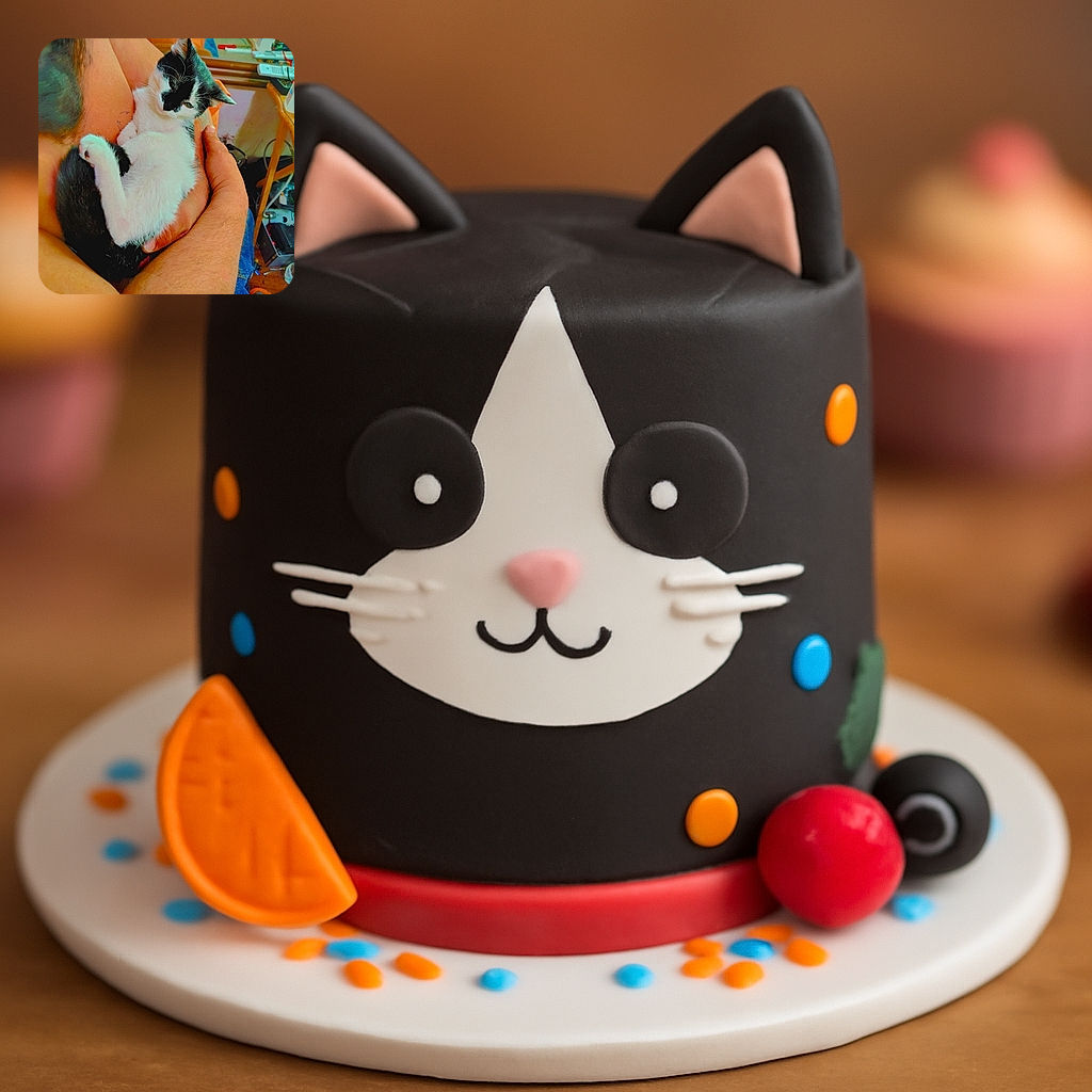 A cozy black and white kitten is snugly curled up in a person's arms, looking slightly sleepy and content, with a casual indoor background filled with everyday items.