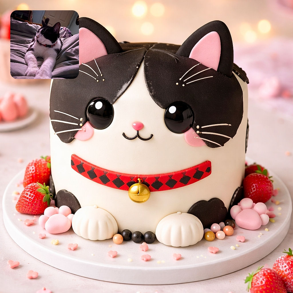A black-and-white cat has claimed the bed and is dramatically stretching its front paws toward the camera like a tiny, disinterested lion. Wearing a patterned collar and gazing off to the side, it looks both regal and extremely committed to napping while the bedroom door and shelves blur into the background.