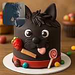 A fluffy black dog with a slightly tousled coat is sitting indoors with a chew bone in its mouth, tongue peeking out playfully as it gazes to the side. The background is softly lit with a window curtain adding a cozy home vibe.