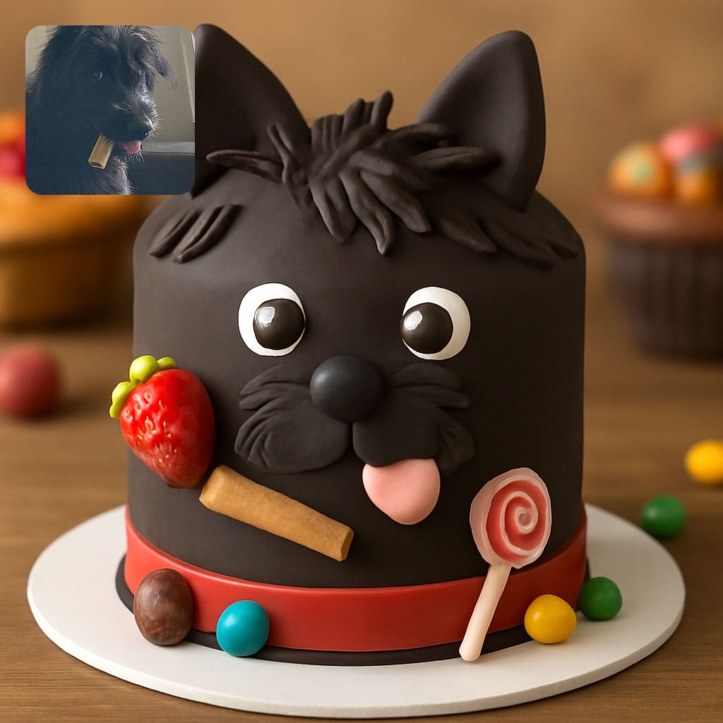A fluffy black dog with a slightly tousled coat is sitting indoors with a chew bone in its mouth, tongue peeking out playfully as it gazes to the side. The background is softly lit with a window curtain adding a cozy home vibe.