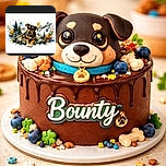 A colorful artistic illustration of a dog surrounded by vibrant foliage and mountains, with the word 'Bounty' written in cursive next to it, blending nature and pet portraiture in a splashy watercolor style.