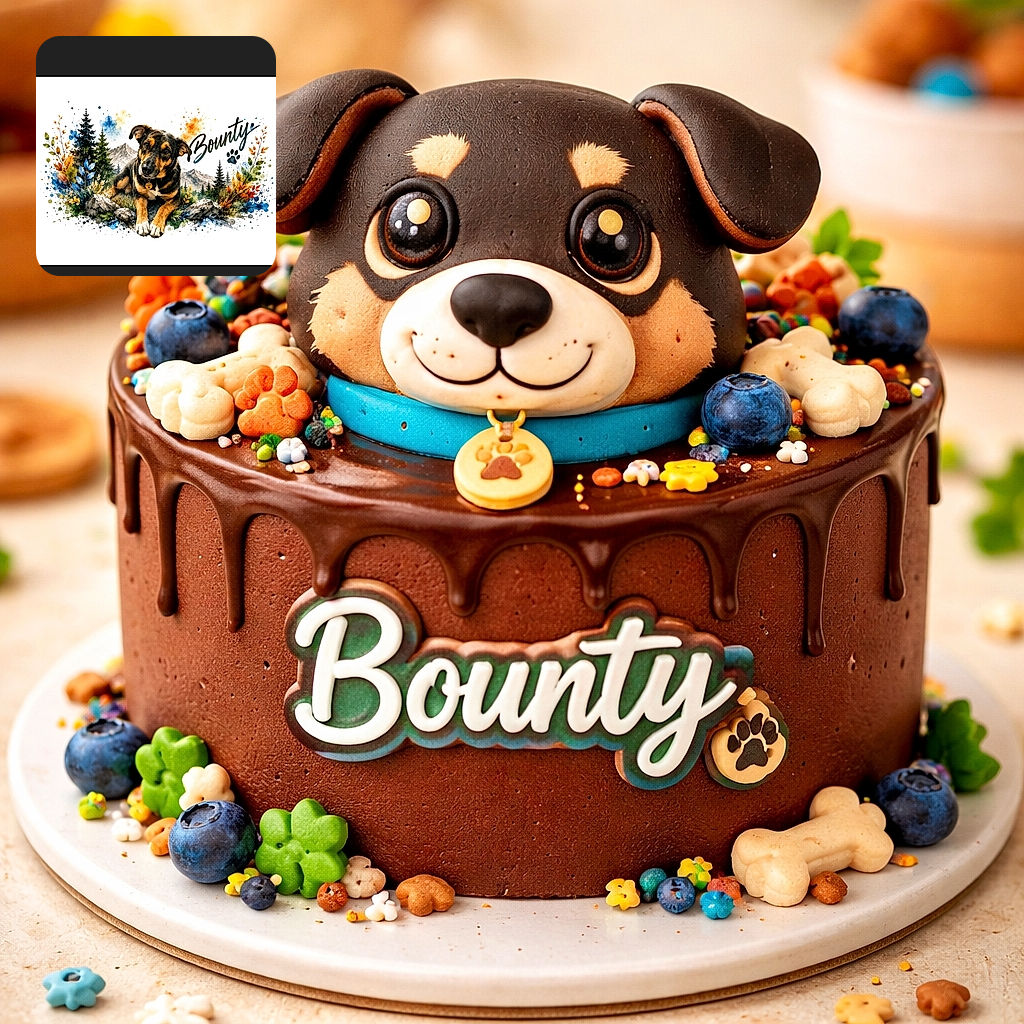 A colorful artistic illustration of a dog surrounded by vibrant foliage and mountains, with the word 'Bounty' written in cursive next to it, blending nature and pet portraiture in a splashy watercolor style.