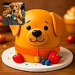 A golden retriever puppy lounges comfortably on a bed, sporting a festive Halloween-themed bandana and resting its paw on a colorful plush toy. The cozy indoor setting includes a dresser and some casual clutter in the background, adding a homey vibe to the scene.