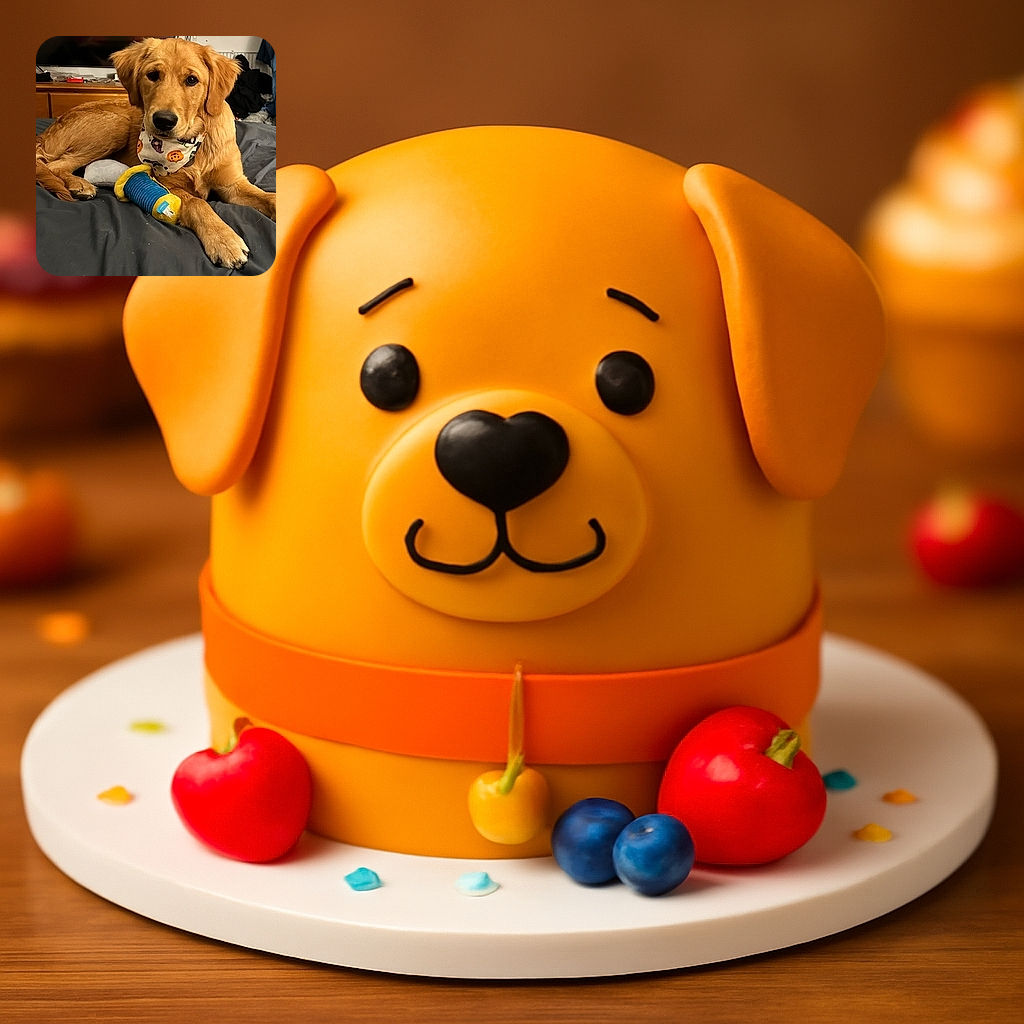 A golden retriever puppy lounges comfortably on a bed, sporting a festive Halloween-themed bandana and resting its paw on a colorful plush toy. The cozy indoor setting includes a dresser and some casual clutter in the background, adding a homey vibe to the scene.