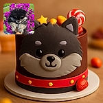 A fluffy black and gray puppy is being held up against a vibrant backdrop of bright purple flowers, looking adorably serious despite the floral halo around its head.