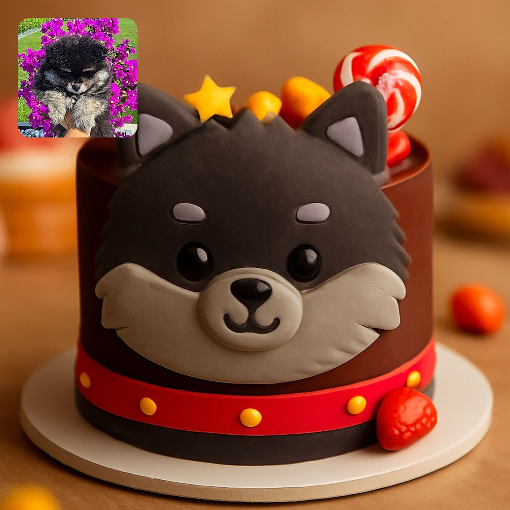 A fluffy black and gray puppy is being held up against a vibrant backdrop of bright purple flowers, looking adorably serious despite the floral halo around its head.