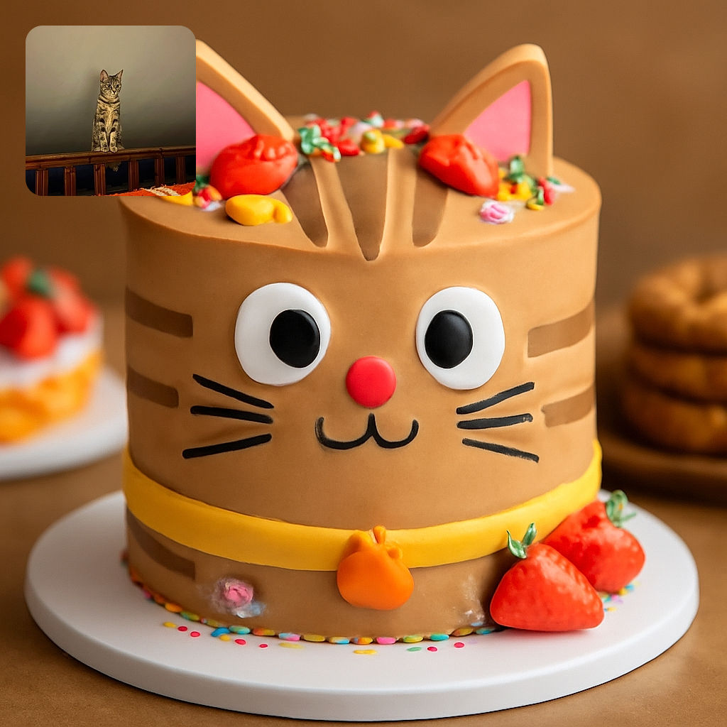 A curious tabby cat perched elegantly on a wooden railing, looking intently at something off-camera. The background is a smooth, muted wall, and the foreground features a cozy orange and white blanket, adding a splash of color to the scene.