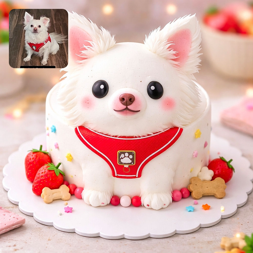 A fluffy white pup named Hamlet stares up like royalty in a bright red harness, ears perked and tail fluffy — ready for adventure (and treats). The wood floor gives a cozy homey vibe while the bold caption declares the mission: go time.