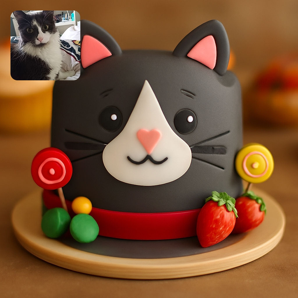 A fluffy black and white cat with a curious expression sits comfortably on a cozy bed, with a blurred background featuring a television and shelves, capturing a candid moment of feline charm.