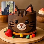 A fluffy tabby kitten sits majestically atop a row of books by a window, with a backdrop of green trees and a clear blue sky. Nearby, a plush pumpkin and a quirky orange stuffed toy add a touch of Halloween whimsy to the cozy scene.