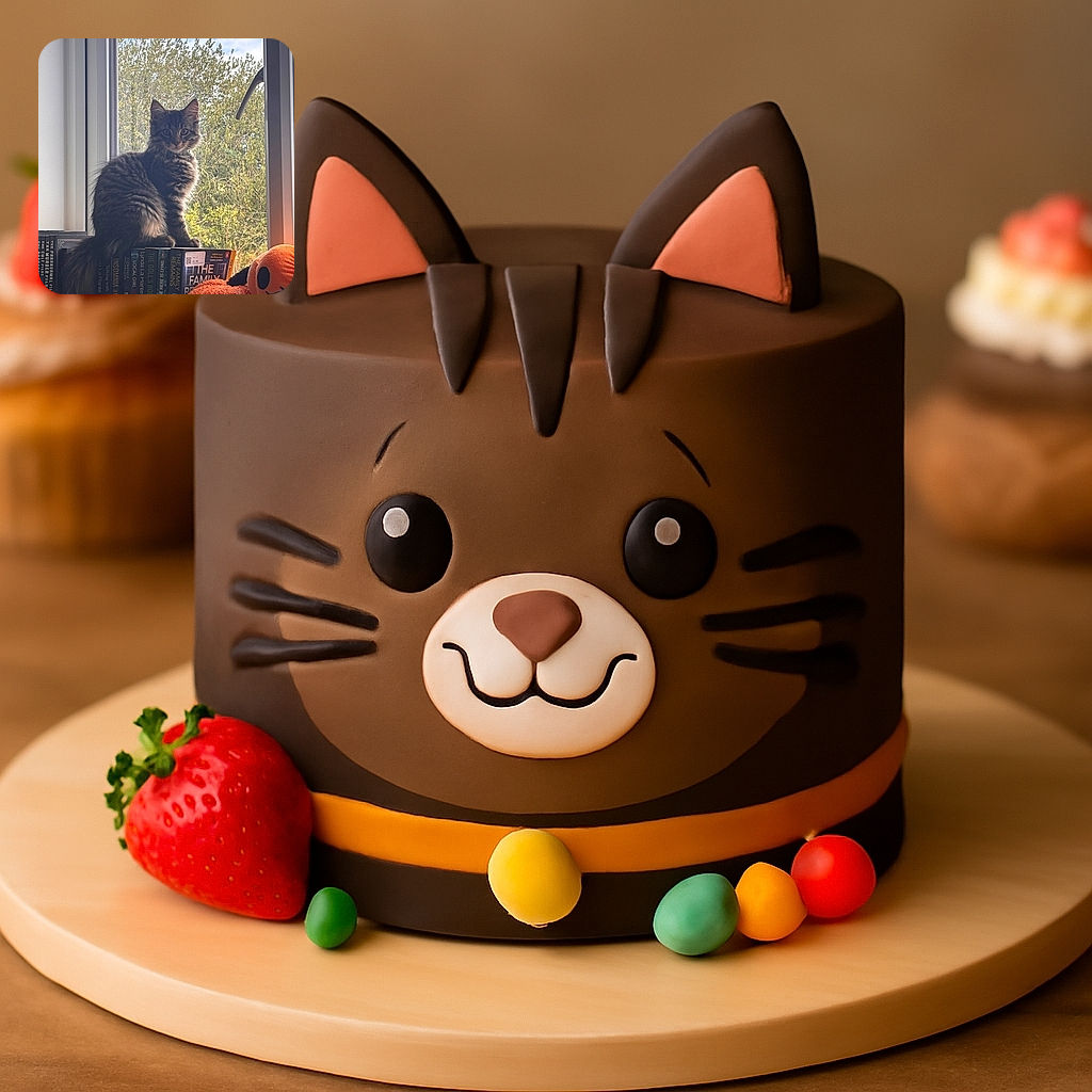 A fluffy tabby kitten sits majestically atop a row of books by a window, with a backdrop of green trees and a clear blue sky. Nearby, a plush pumpkin and a quirky orange stuffed toy add a touch of Halloween whimsy to the cozy scene.