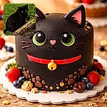 A startled little black cat perched by a garden curb, eyes shining like twin moons as it glares back at the camera. Lush green grass fills the background, dirt and scattered leaves sit in the foreground, and the whole scene is framed inside a phone lock‑screen with a big clock and camera/flash icons — nature meets smartphone convenience.