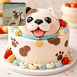 A happy bulldog is lounging on a sandy beach with a big grin and tongue out, looking like it's enjoying a perfect day by the water. The background features calm water, rocks, and some distant houses under a cloudy sky.
