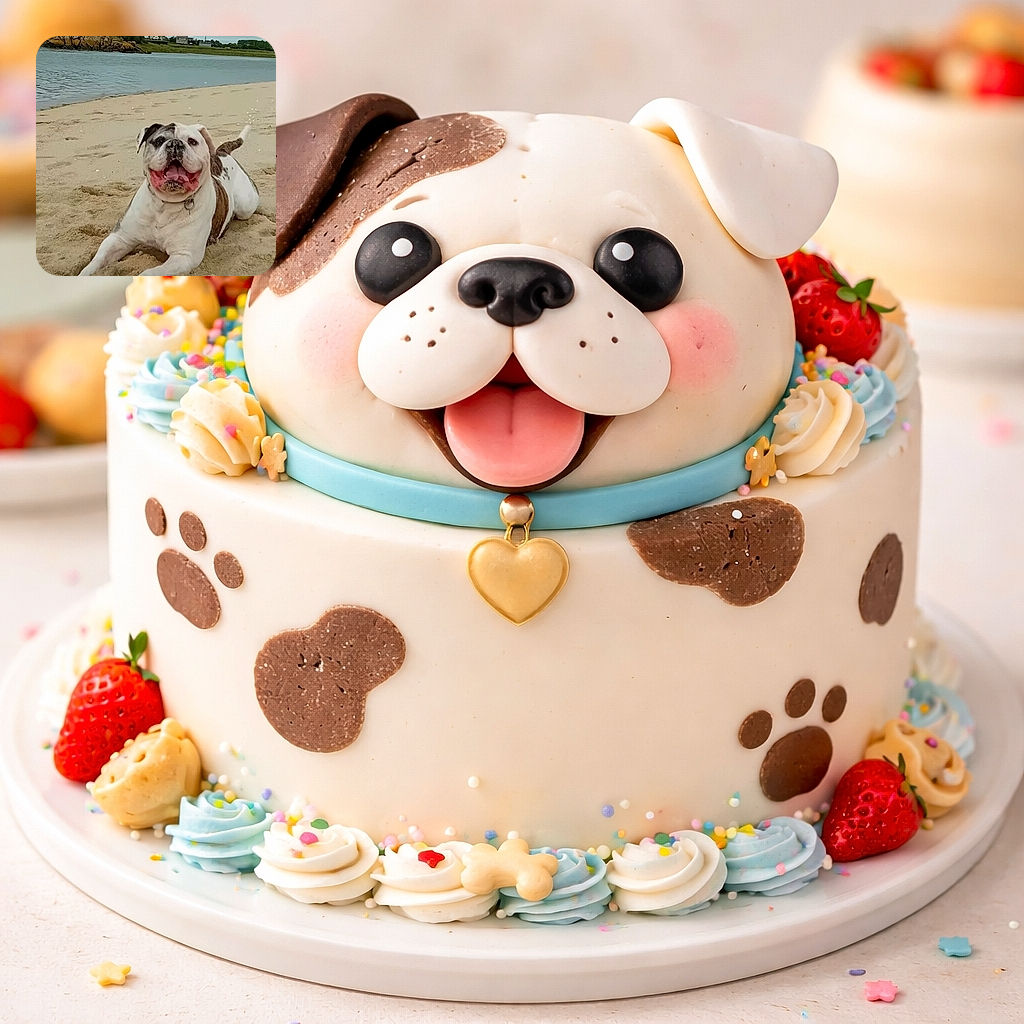 A happy bulldog is lounging on a sandy beach with a big grin and tongue out, looking like it's enjoying a perfect day by the water. The background features calm water, rocks, and some distant houses under a cloudy sky.