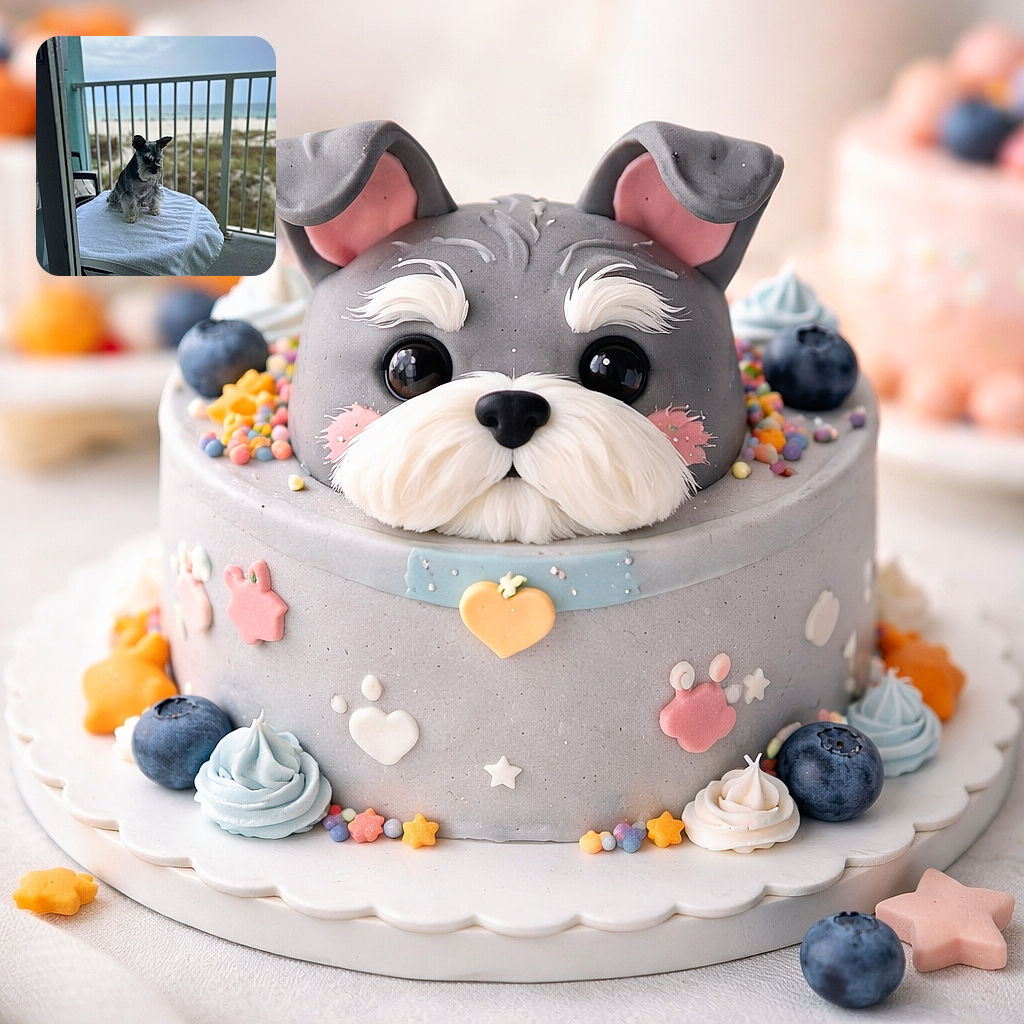 A small dog, possibly a schnauzer, is sitting quietly on a white towel draped over a table on a balcony. The background shows a blurry beach scene with sand, grass, and ocean under a cloudy sky, creating a peaceful coastal vibe.
