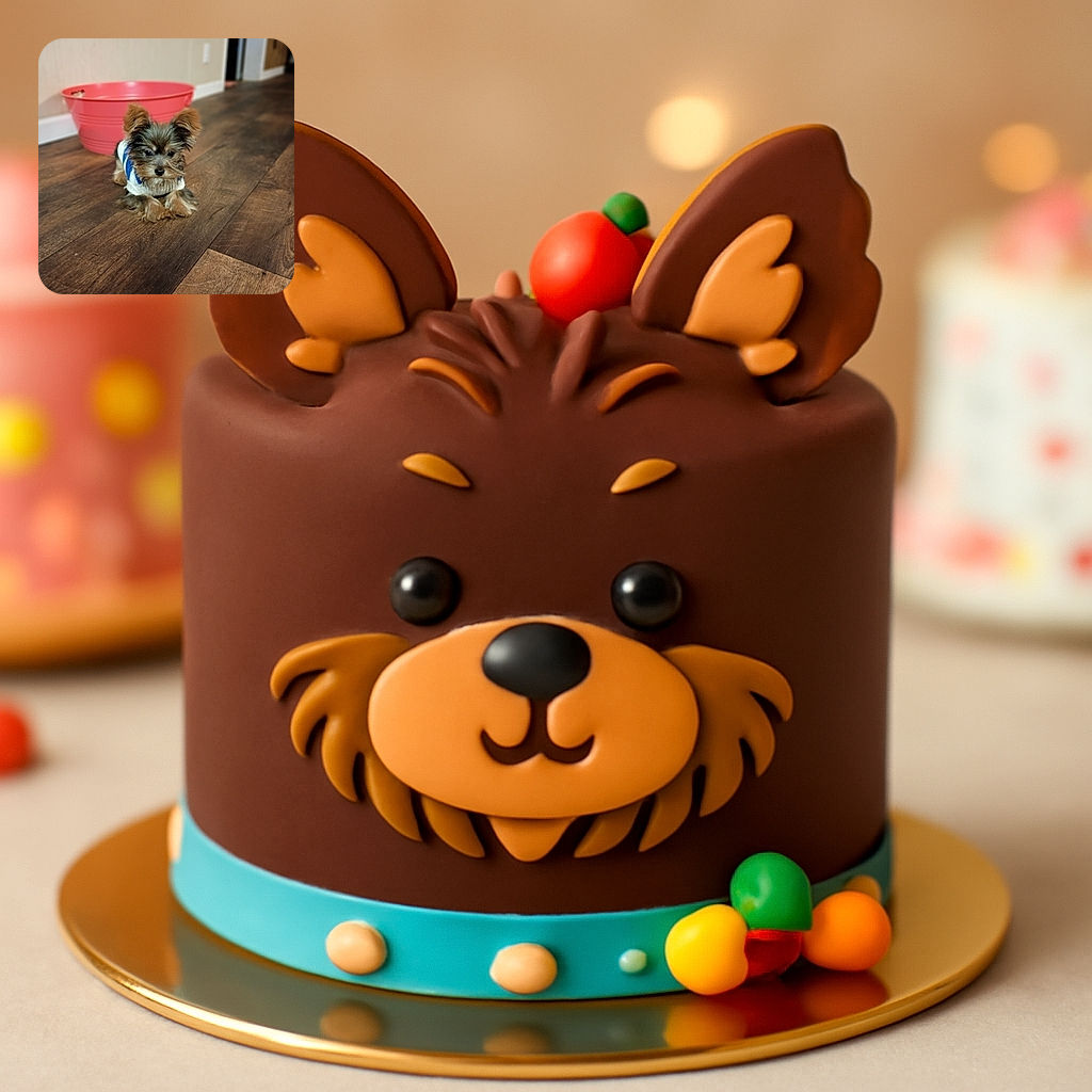 A tiny, fluffy dog wearing a cozy sweater lounges on a wooden floor with a bright pink bucket in the background, looking adorably curious and ready for playtime.