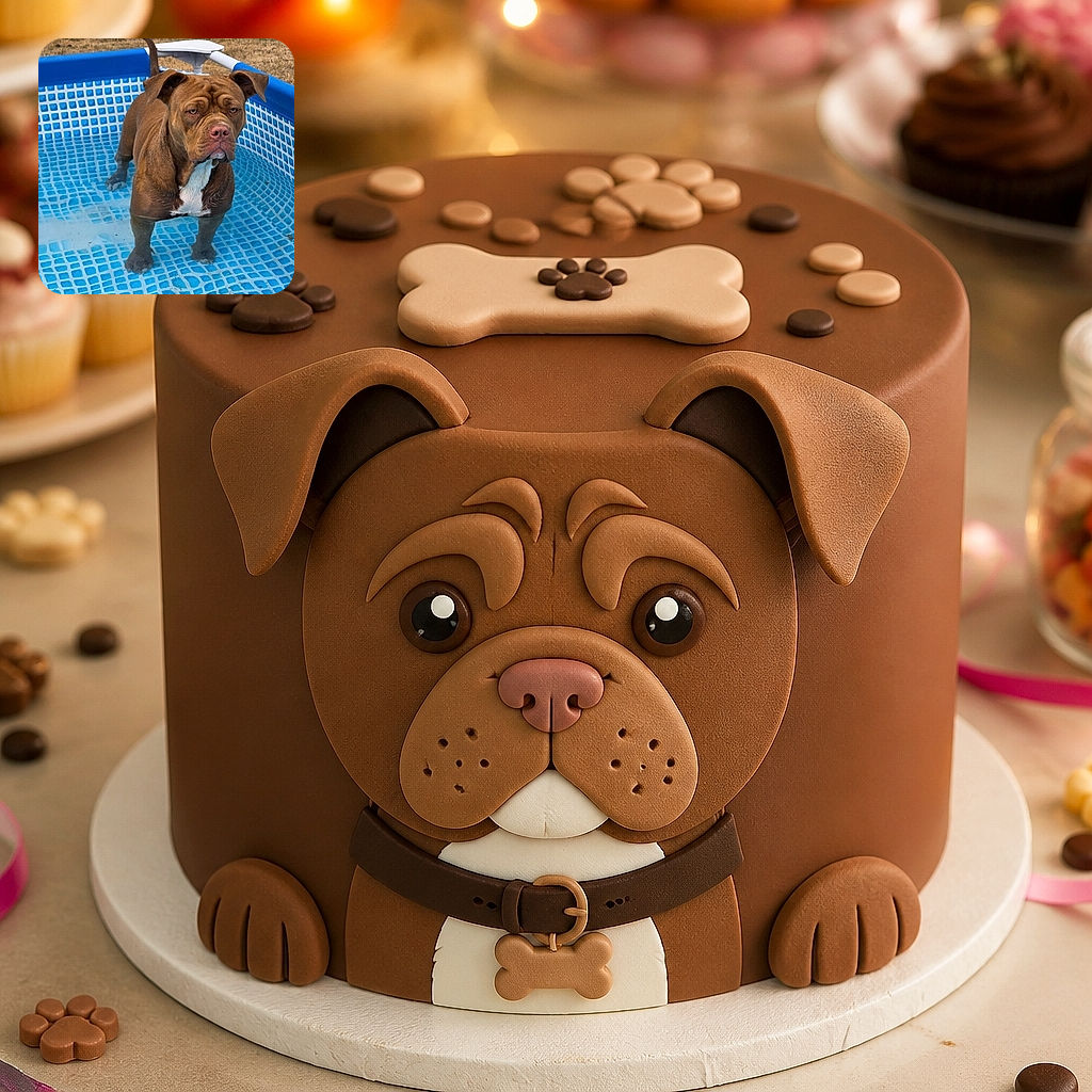 A wonderfully wrinkly brown dog stands in a blue paddling pool, looking deeply offended that someone dared to interrupt his aquatic throne time. His little white chest patch and raised tail add extra character, while the pool’s checkerboard pattern turns the scene into a canine swimming-pool photoshoot.