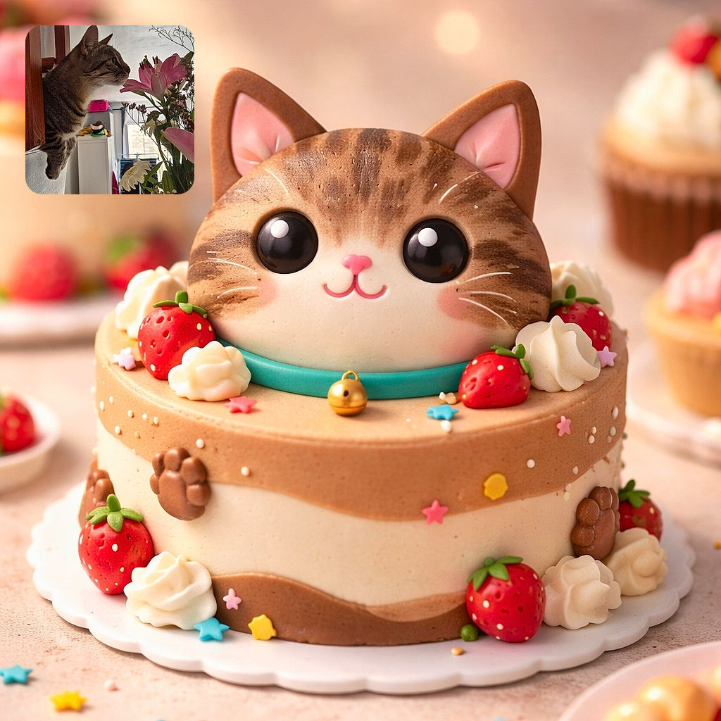 A curious tabby cat pokes its head through a wooden railing, sniffing a vibrant bouquet of pink lilies and white flowers in a cozy, lived-in room filled with furniture and household items.