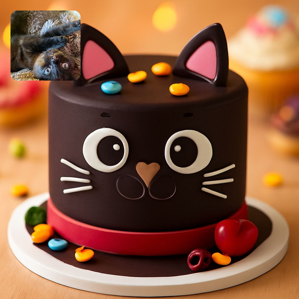 A charming black cat lies upside down on a fluffy beige blanket, its wide eyes staring curiously at the camera, paws playfully stretched out as if inviting a game or a cuddle.